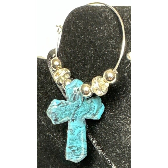 Polymer Clay Faux Turquoise Cross Necklace & Hoop Earring Set Handmade - Picture 4 of 8